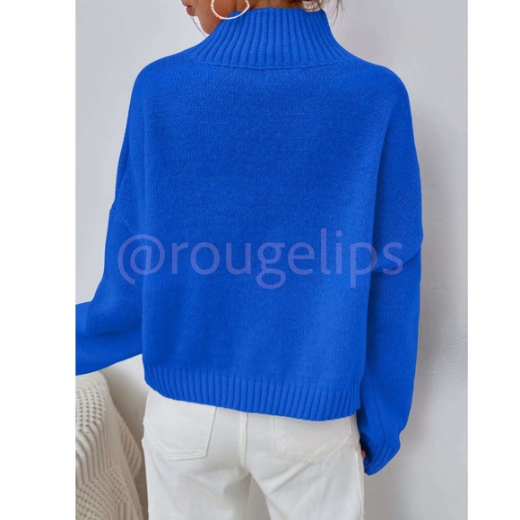 Blue Turtleneck Oversized Pullover Knit Sweater Drop Shoulder - Picture 4 of 8
